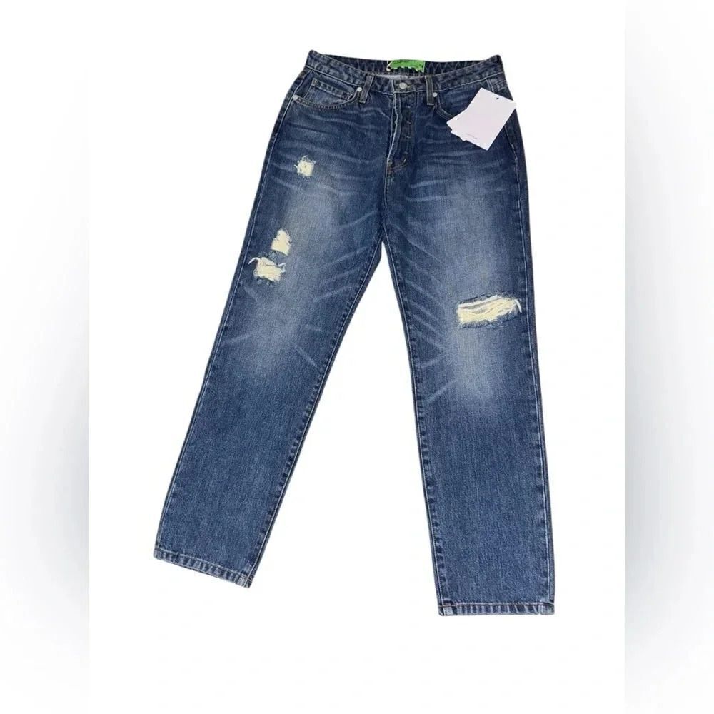 🔥 NWT FREE PEOPLE X SANDRINE ROSE Distressed INDIGO straight leg Jean size 28 - Picture 4 of 12
